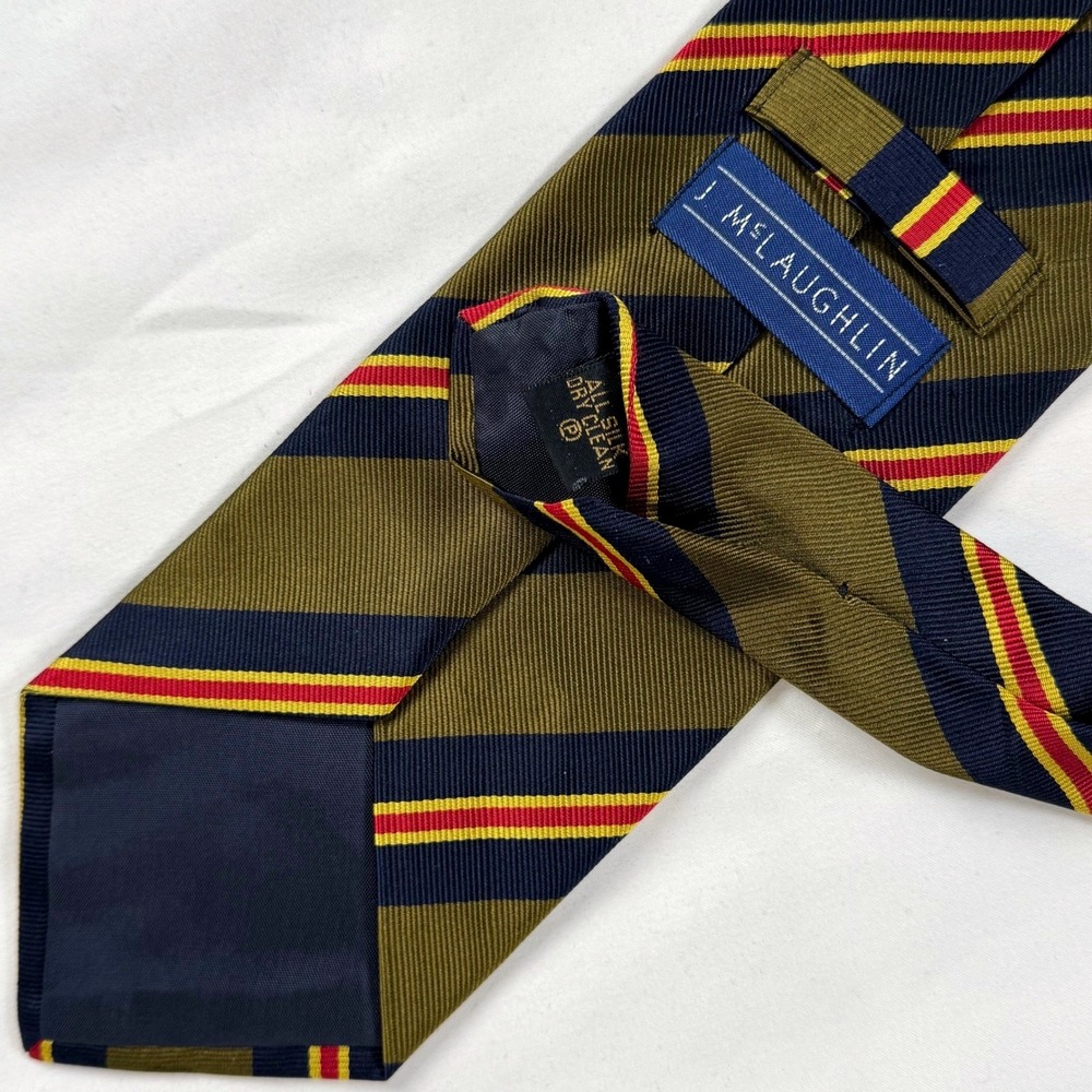 Vintage 1990s J McLaughlin Olive Navy Regimental Stripe Silk Tie USA Wide 3.75" - Picture 5 of 5